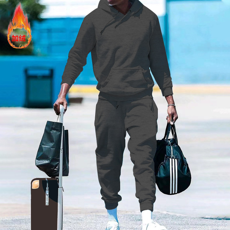 2023 estación independiente transfronteriza con capucha de lana forrada suéter de color sólido traje europeo y americano suelto casual de dos piezas ropa de hombre