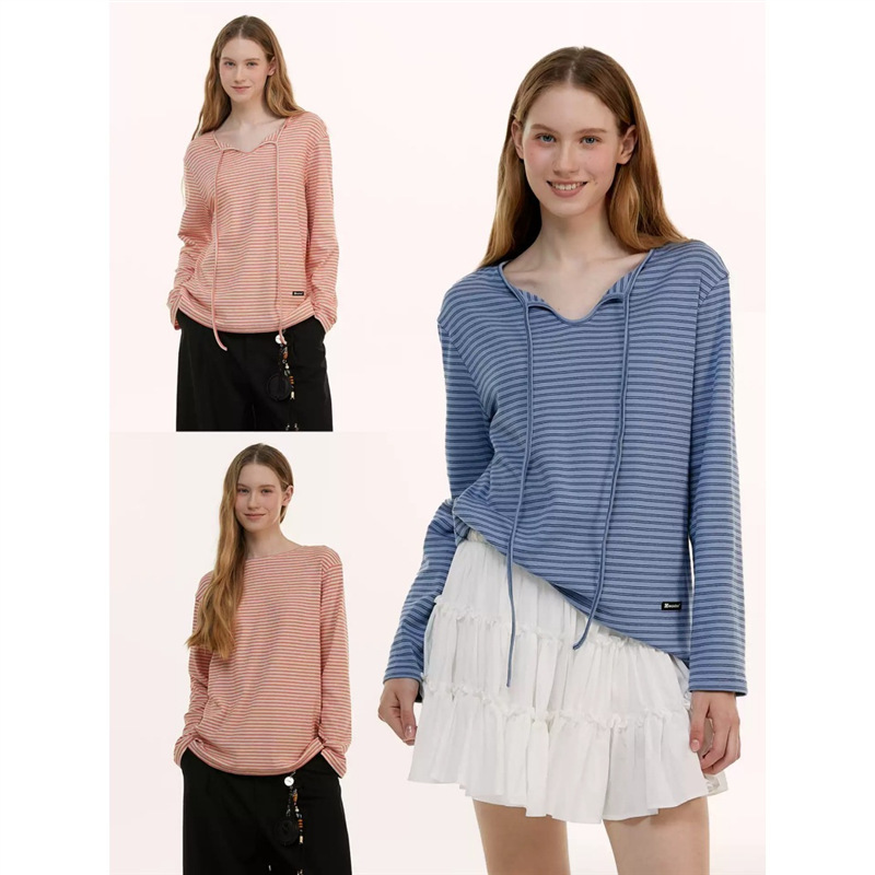 XINGHER new striped reversible lace-up knitted long-sleeve T-shirt loose top 2026 XINGHER new striped reversible lace-up knitted long-sleeve T-shirt loose top 2026