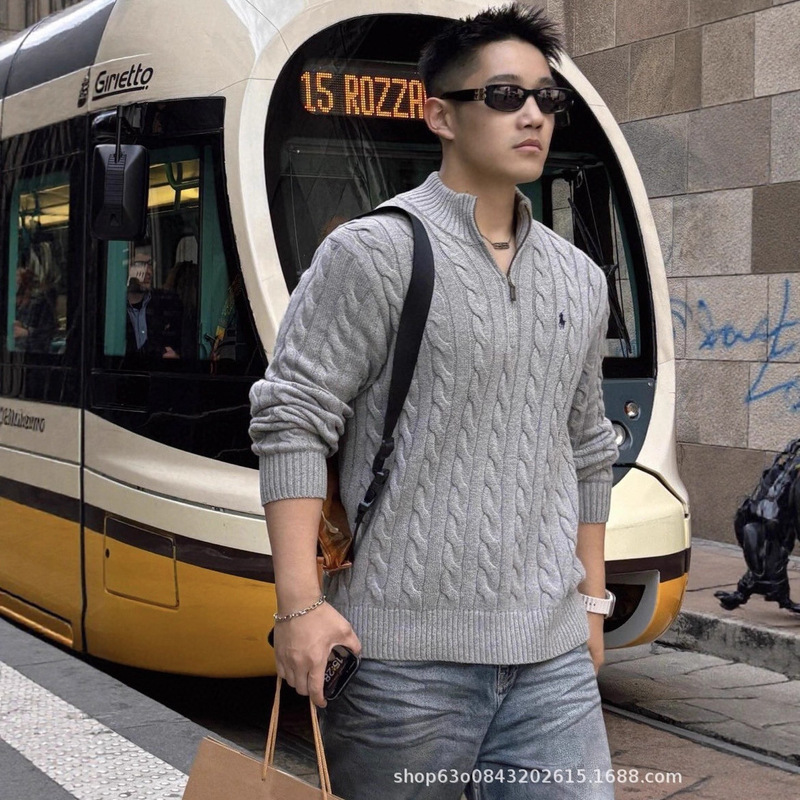 Original High-Quality Ralph@Ralph 25Ss Pony Logo Embroidered Half-Zip Stand-Up Collar Knitted Sweater for Men and Women