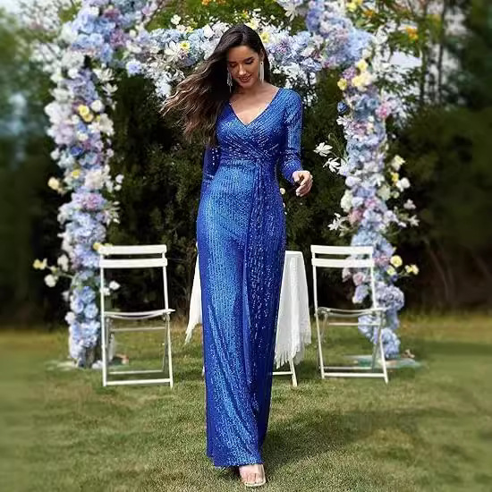 Europäisches und amerikanisches grenzüberschreitendes neues Verkaufsschlager-Frühlingskleid: Elegantes, einfarbiges Paillettenkleid mit langen Ärmeln für den Abend – perfekt für die High Society._voghion.com