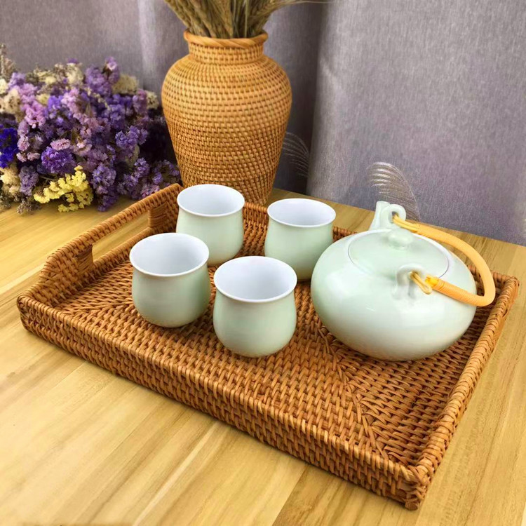 越南秋藤编织干果盘零食篮桌面茶点托盘把手茶托盘收纳日式风格