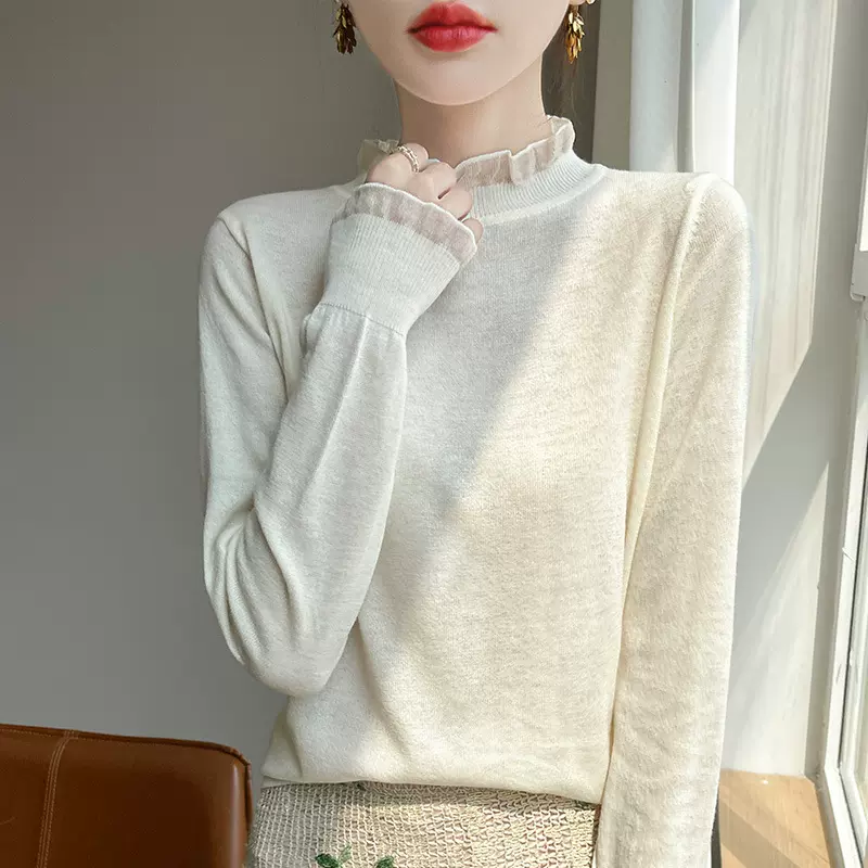 2025秋冬新款蕾丝拼接木耳边半高领女套头长袖精纺羊毛针织打底衫