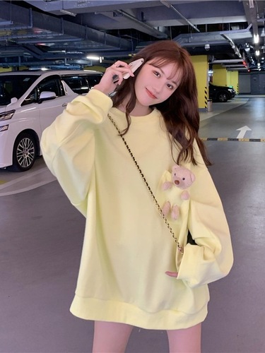 Pocket Bear Sweatshirt Women's Loose Korean Style Mid-Length Spring and Autumn Wear Thin 
