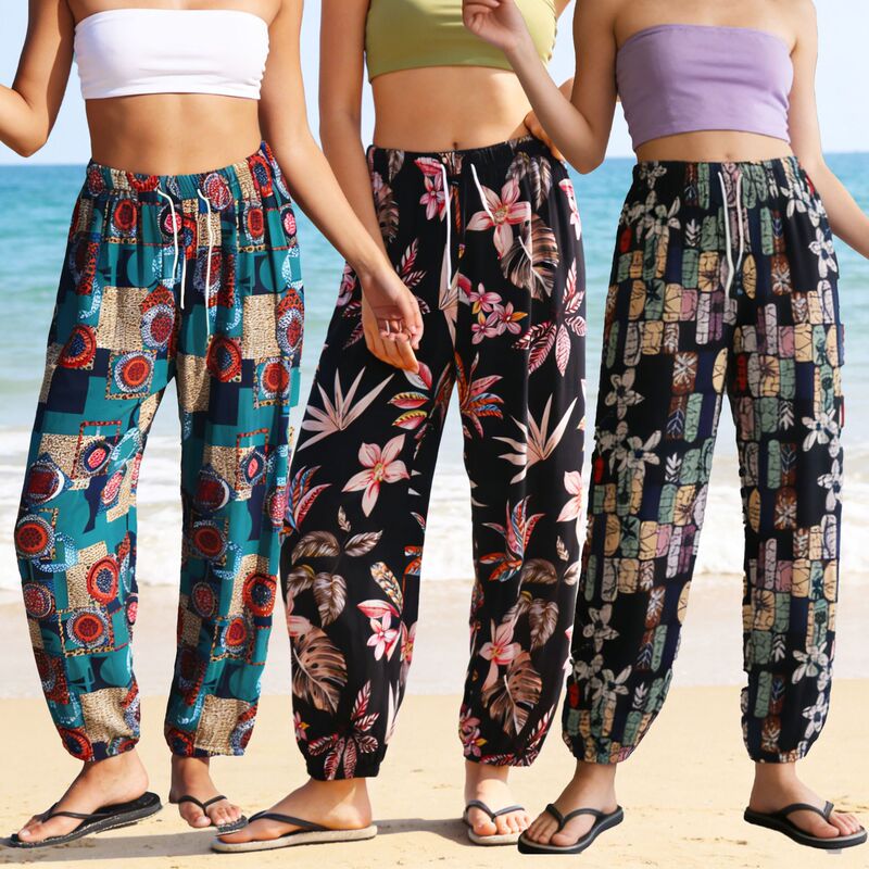 Summer Plus-Size Lantern Pants for Women, Mom-Style Printed Ice Silk Beach Pants, Ethnic Style Casual Pants