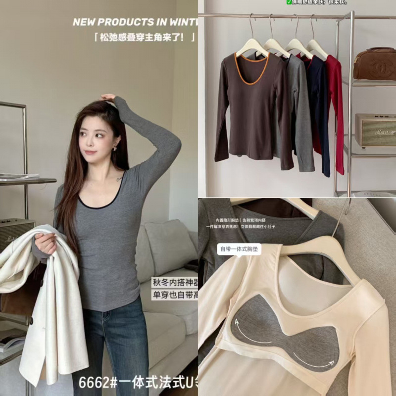 6662 Warm Oxygen Pearl Velvet Threaded One-Piece U-Neck Single Bottoming Shirt Women's Autumn and Winter Inner Brushed Warm Top