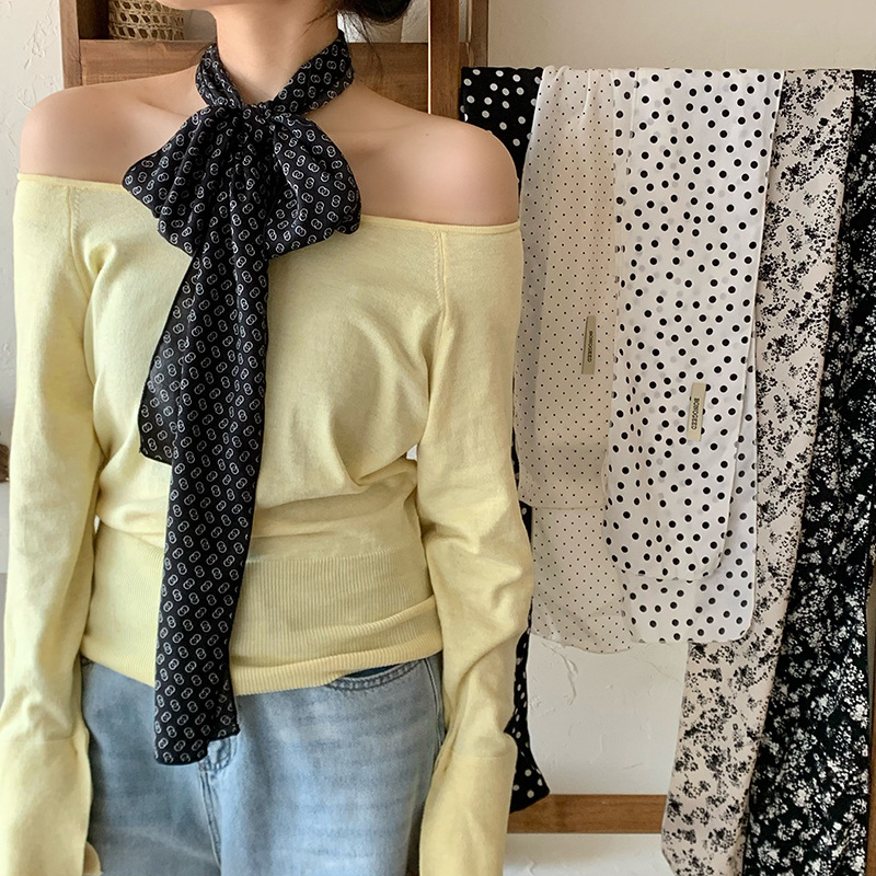 Bufanda de seda para mujer, banda larga, sensación de alta calidad, bufanda de seda de lunares simple retro, bufanda de cinta multiusos, diadema, cinturón para el cabello