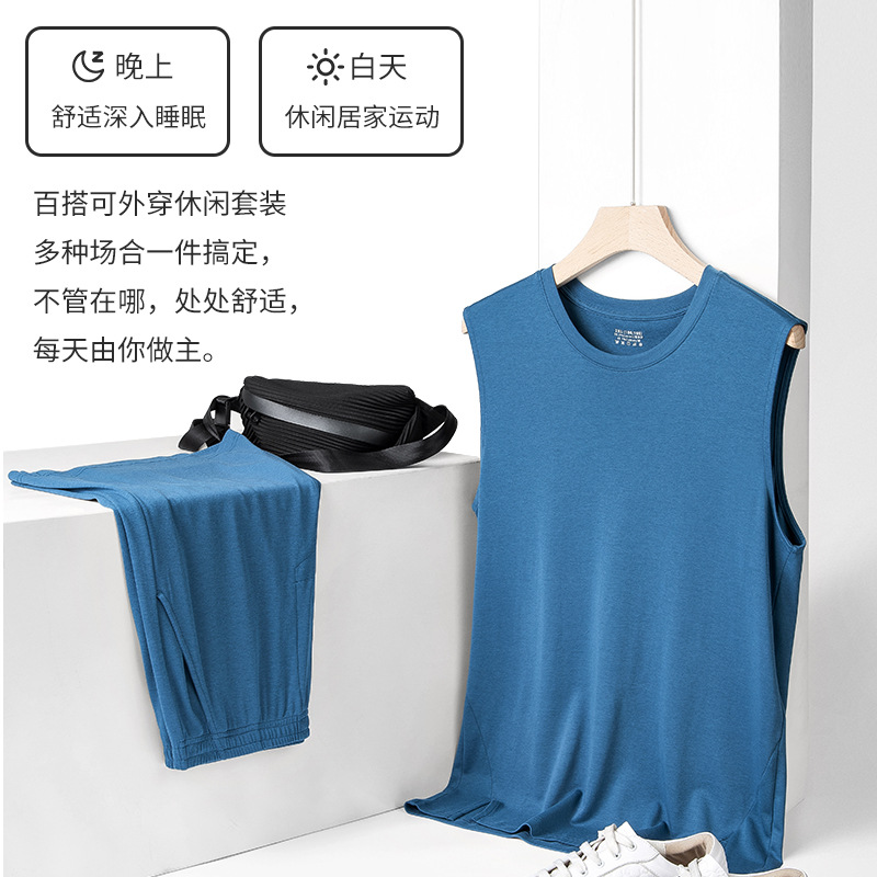 Conjunto de pijama de algodón Tencel suave para hombre, camiseta sin mangas y pantalones cortos, se puede usar en exteriores, ropa de estar para hombre al por mayor, se puede usar en exteriores.