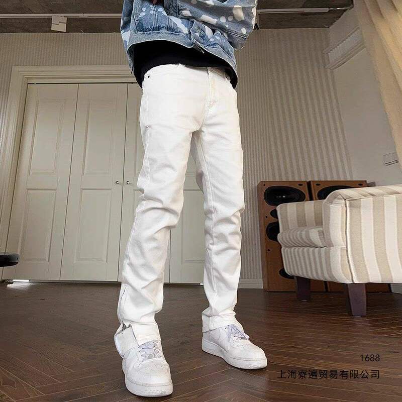 American Vibe Micro-Flared White Jeans for Men, Trendy Brand with Zipper Design, Slim Fit Straight Casual Pants American Vibe Micro-Flared White Jeans for Men, Trendy Brand with Zipper Design, Slim Fit Straight Casual Pants