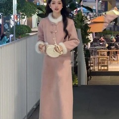 新中式甜美毛领毛呢外套半身裙秋冬冬季新款两件套千金气质套装