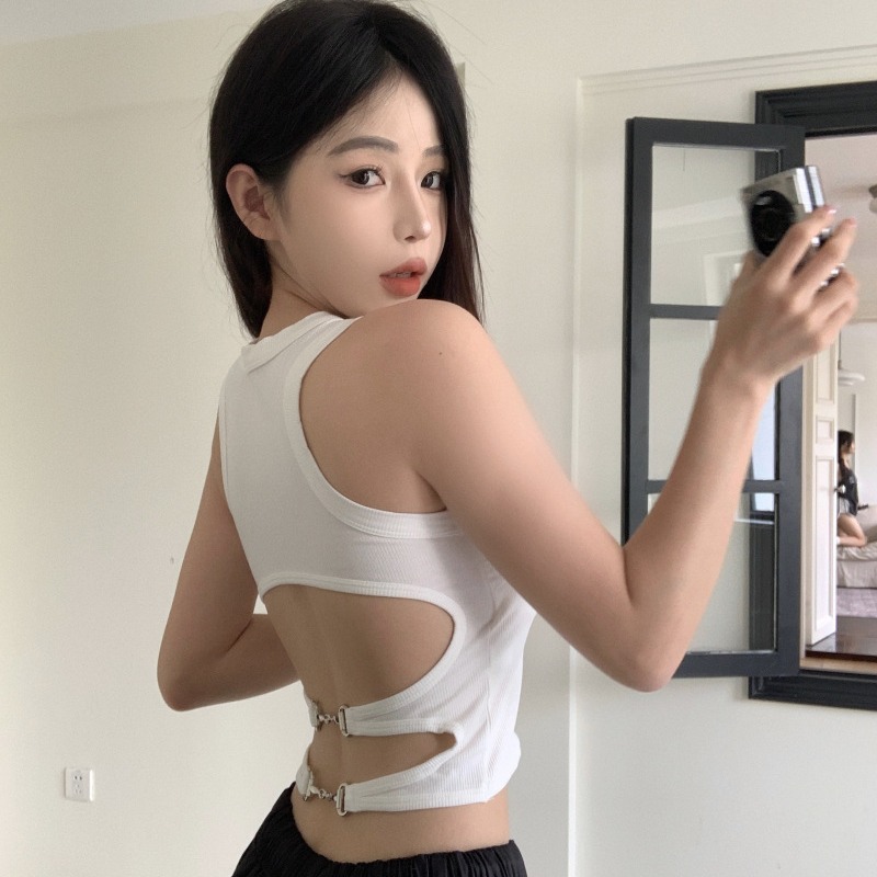 Spicy Girl Hollow-Out Backless Camisole with Built-In Bra Pads, Beautiful Back, Round Neck, Short Outerwear Top for Women