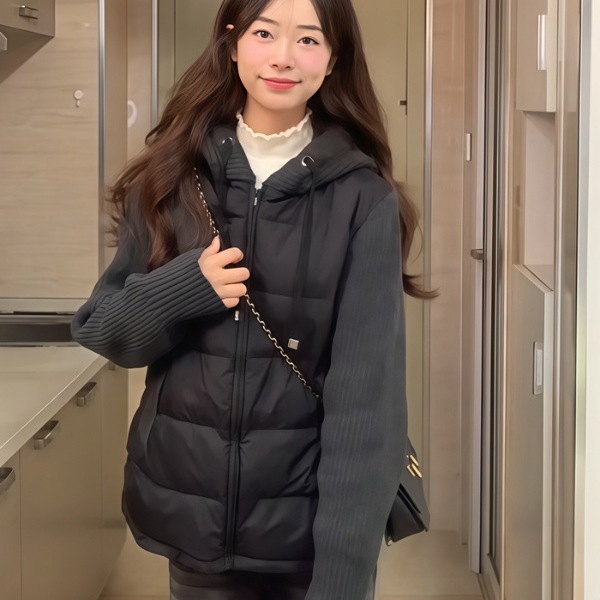 针织袖羽绒服女短款2025年秋冬季新款拼接连帽轻薄百搭小个子外套