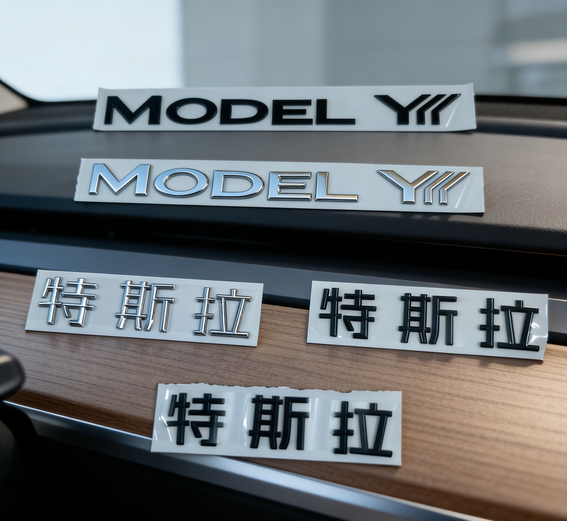 25-26 Models of Tesla Model Yl with New Yl Front Hood Emblem, Teslt Emblem, and Rear Body Lettering Logo