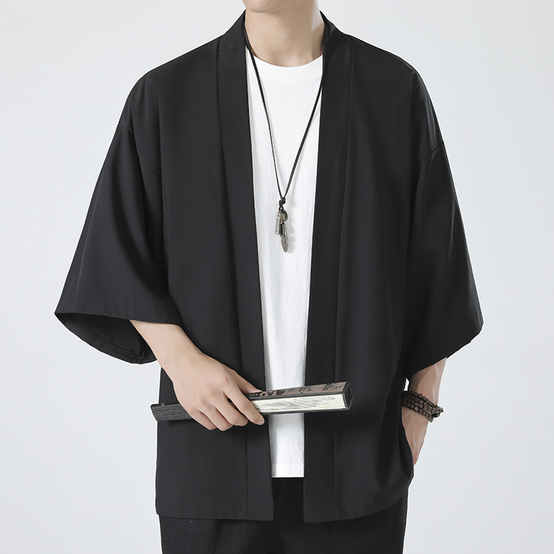 Chinese Style Hanfu Cardigan Jacket Men's Large Size Loose Taoist Robe Antique Zen Clothing Summer Ice Silk Sunscreen Kimono