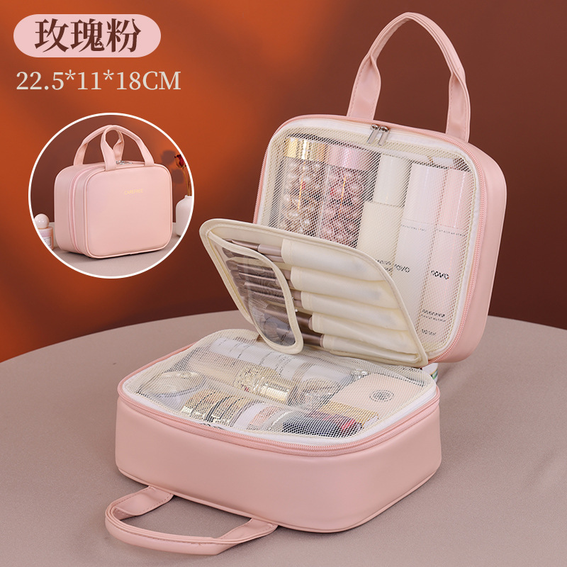 Nueva bolsa de maquillaje de doble capa de lujo ligero y alto valor de la cara, bolsa de maquillaje portátil de gran capacidad de maquillaje portátil