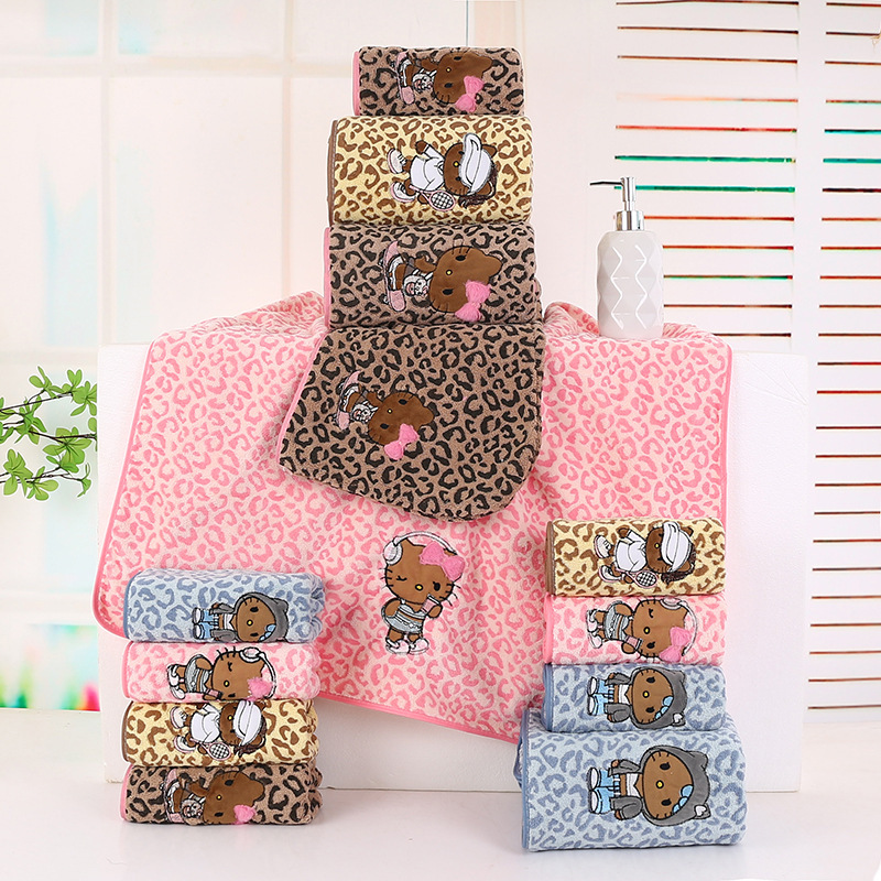 Leopard Print Coral Velvet Bath Towel with Cartoon Embroidery, Absorbent and Soft Hair Drying Cap, Quick-Drying Towel Set for Men, Women, and Children