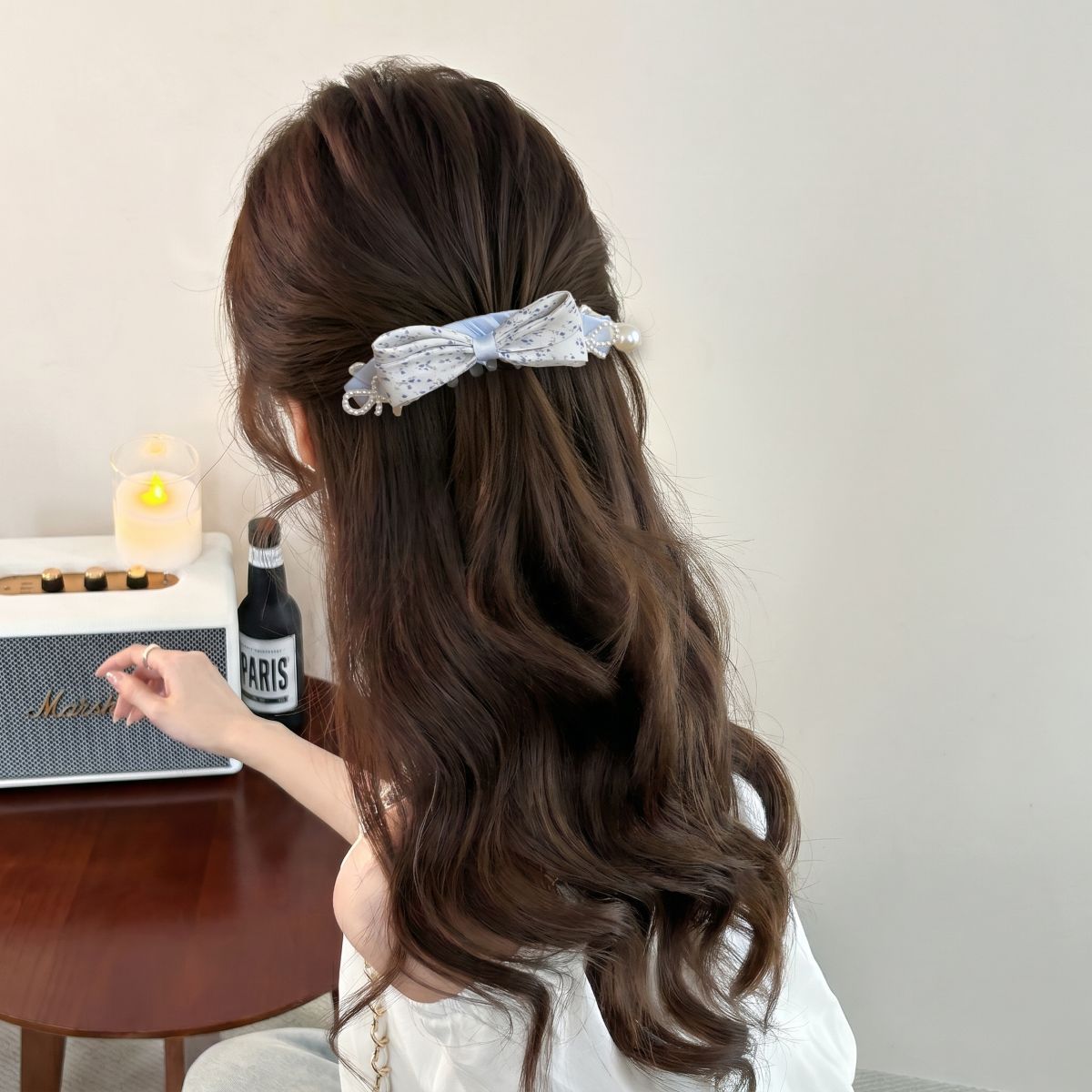 74# blue floral bow banana clip - 13cm
