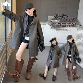 女童2025秋季新款韩系中长款风衣中大童春秋挡风翻领外套外出衣服