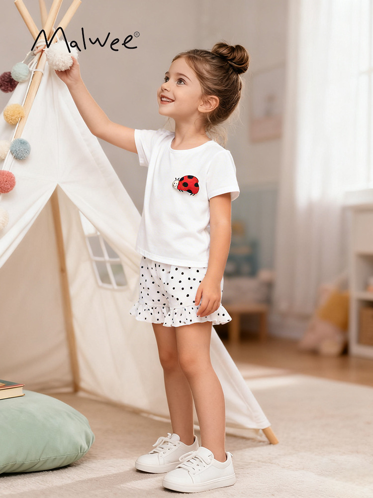 Transfronterizo malwee niñas camisetas de cuello redondo de verano nuevas mangas cortas de verano, Europa y Estados Unidos, niños y medianos, dos piezas de estilo extranjero