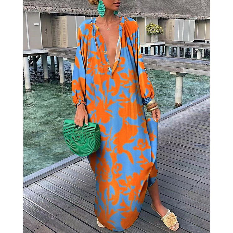 Women's Shirt Dress Vintage Style V Neck Button Long Sleeve Printing Maxi Long Dress Daily display picture 2