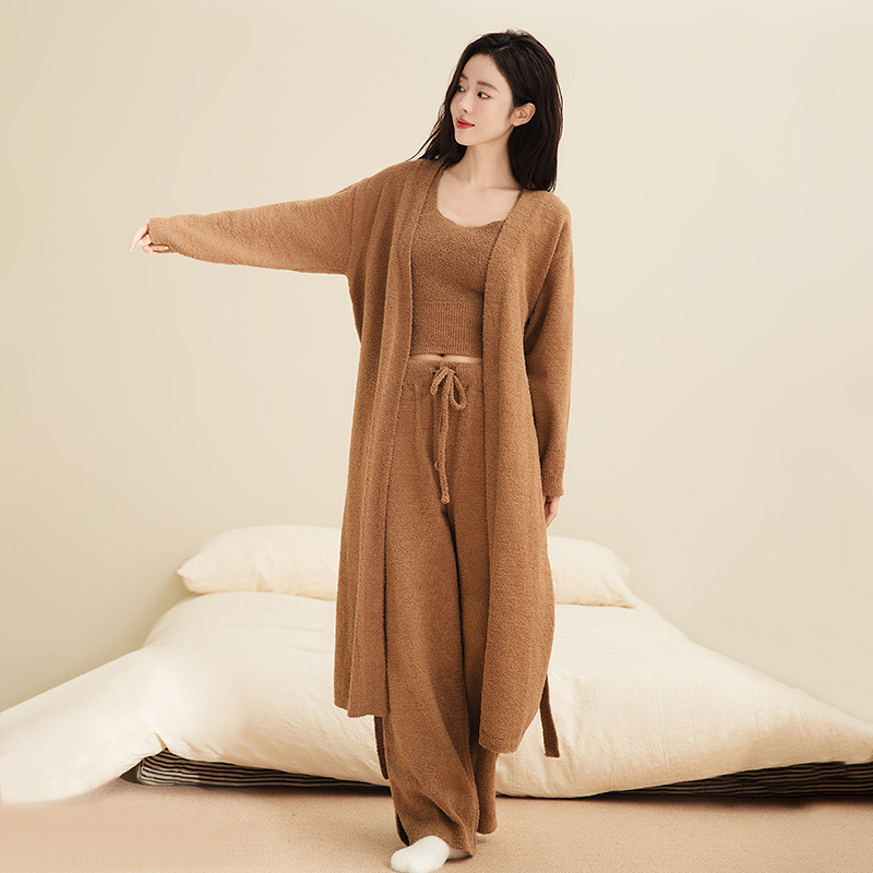 Half Velvet Pajamas Women's Maillard Long Three-Piece Cardigan Suit Nightgown Can Be Weared Coral Velvet Home Clothes Half Velvet Pajamas Women's Maillard Long Three-Piece Cardigan Suit Nightgown Can Be Weared Coral Velvet Home Clothes