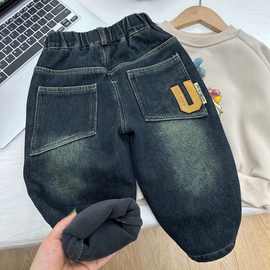 儿童加绒裤子冬季新款男孩一体绒牛仔裤帅气男宝保暖长裤洋气外穿