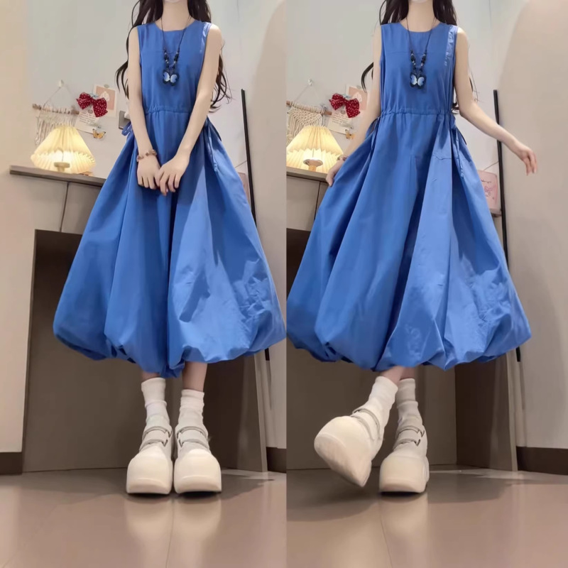 French-Style Blue Sleeveless Vest Dress for Women, Summer 2026 New Model, Seaside Vacation High-End Floral Long Dress