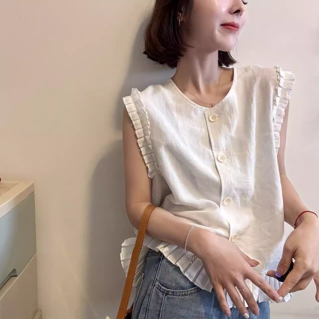 韓国 2025 夏の新しいファッションデザイン西洋スタイル V ネックスリム多用途ノースリーブフリルシャツトップ女性用|undefined