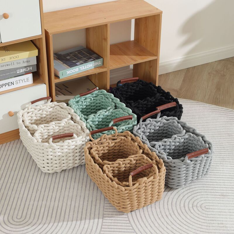 Nordic Desktop Snack Woven Basket with Handle Coarse Cotton Rope Storage Basket Fabric Woven Storage Basket Square Basket