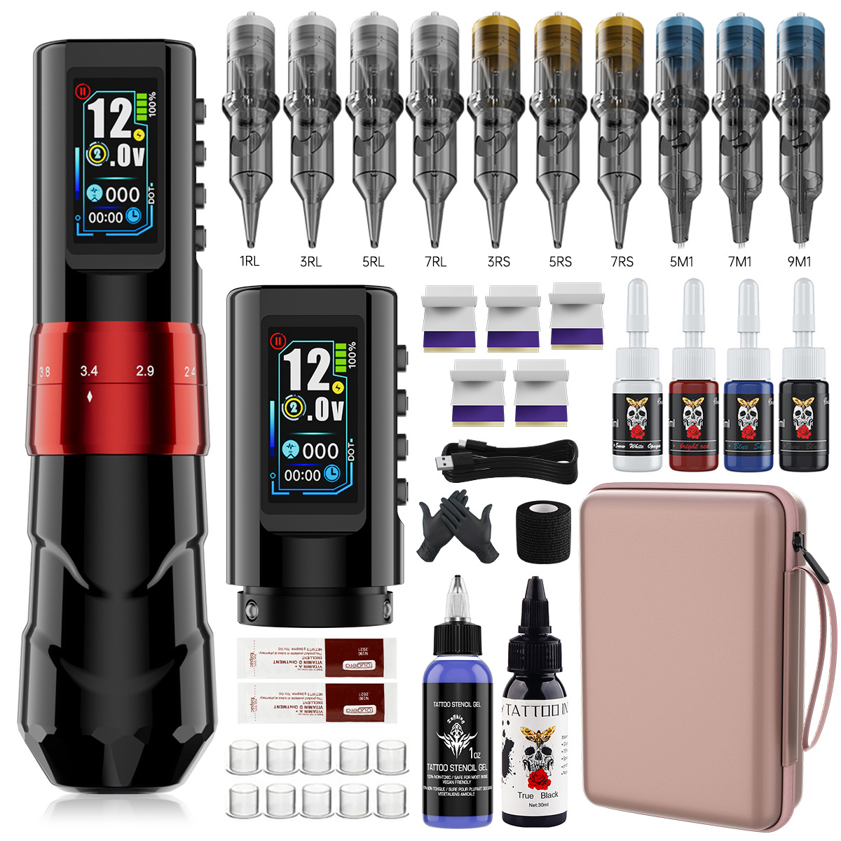 Máquina de tatuaje con motor sin núcleo de carrera ajustable de 4.2 mm, kit de tatuaje con batería dual, bolígrafo de punteado con batería, juego completo.