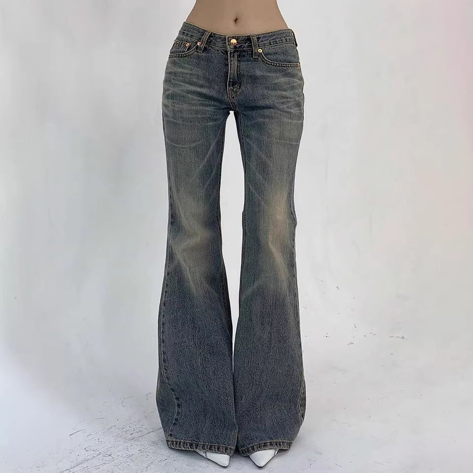 미국식 스트레이트 레그 마이크로 블라 드 청바지 여성용 스프링 플래 팬츠 하이 웨이스트 블루 슬림 룩 와이드 레그 바지