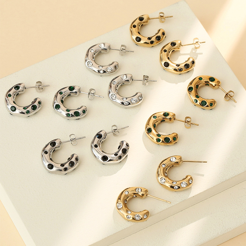 304 Stainless Steel Ear Needle Material 16K Gold Plated, White Gold Plated, Gold Plated Plating Material 1 Pair Fashion C Shape Plating Inlay 304 Stainless Steel Zircon 16K Gold Plated White Gold Plated Gold Plated Hoop Earrings