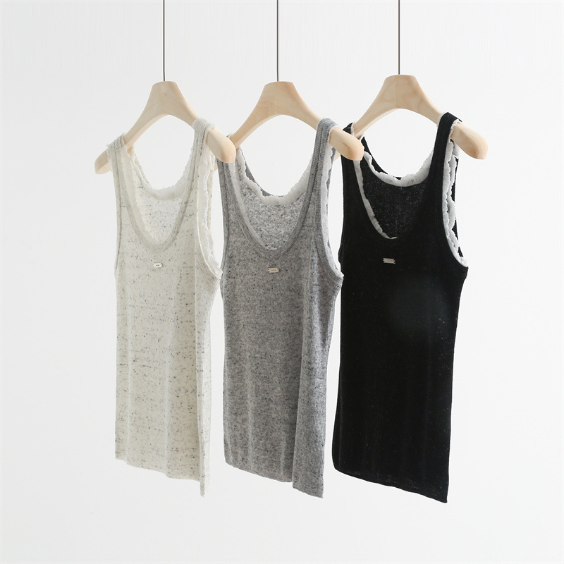 Colorful Yarn Wool Contrasting Lace Fake Two-Piece Large U-Neck Knitted Vest Slimming Look Suspender Top with A65356A