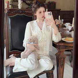 春季新款冰丝薄款长袖套装波点纯睡衣女春天家居服收腰女士薄款