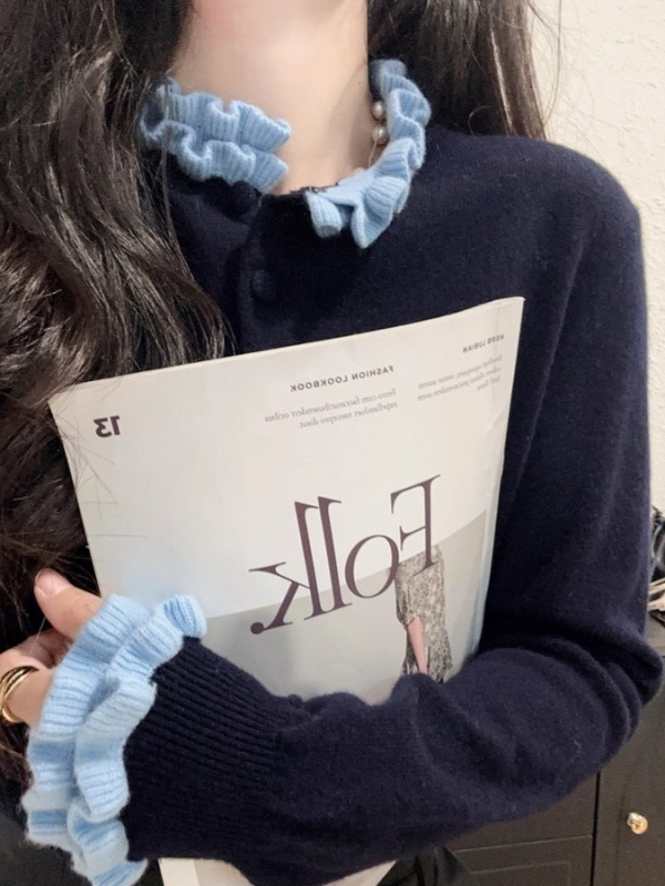 法式灰色木耳边假两件长袖针织开衫女早秋外搭高级感短款上衣外套|undefined