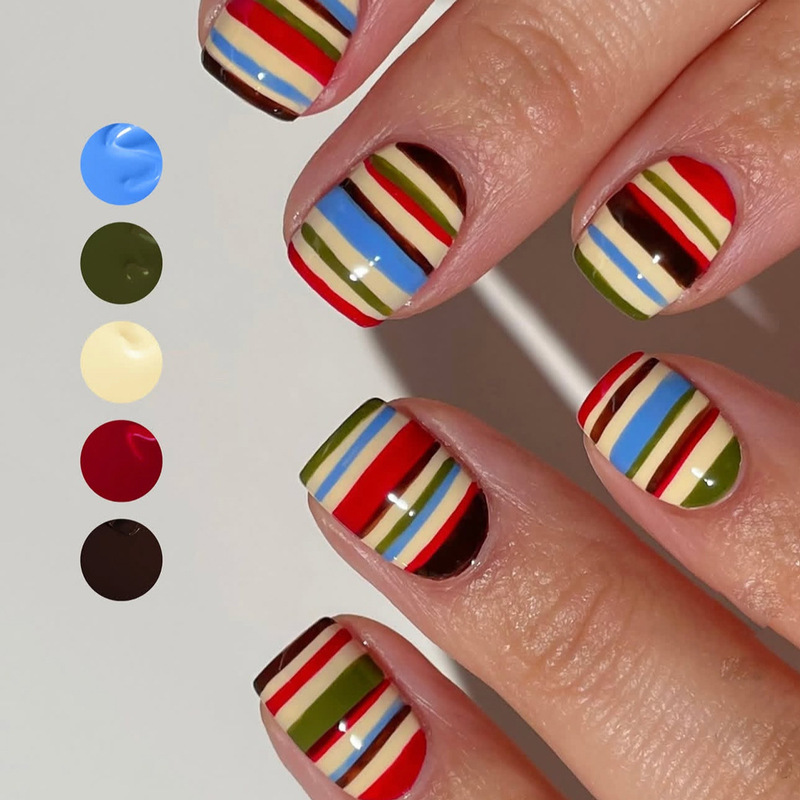 Retro color-block striped press-on nails, American rainbow short square nail tips, ready-made fake nails, dopamine-inspired, detachable nail art Retro color-block striped press-on nails, American rainbow short square nail tips, ready-made fake nails, dopamine-inspired, detachable nail art