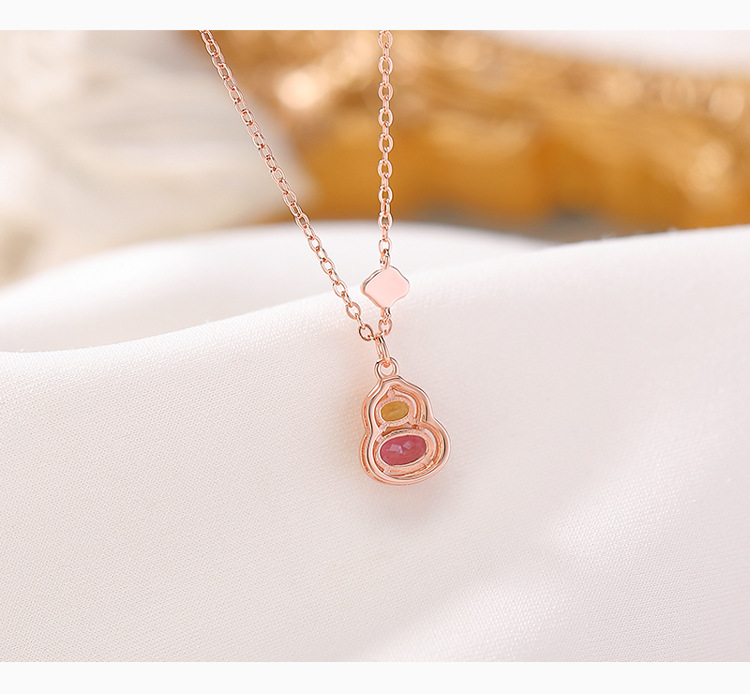 Dây chuyền bạc S925 mạ vàng hồng mặt đá tourmaline hình hồ lô phong cách tân trung hoa — Dây chuyền (màu tourmaline ngẫu nhiên) chi tiết 4