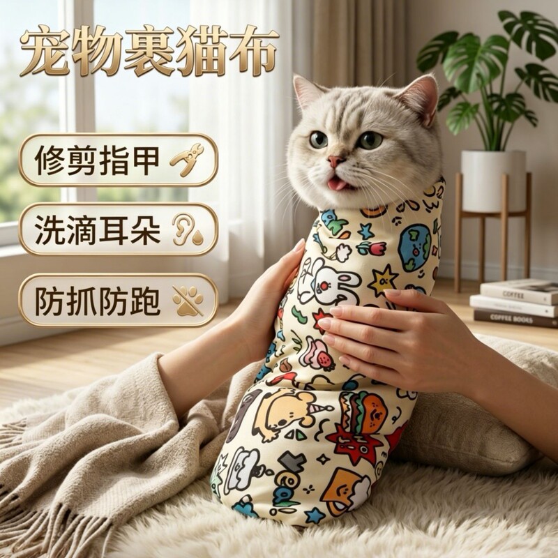Cosmetic Bag with Adhesive Patches, Magic Cloth, High-Value Cosmetic Bag, Protective Pouch, Cat Wrapping Cloth, Cat Restraint and Storage Bag