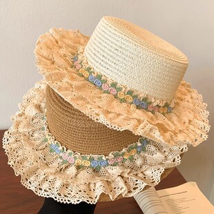 Taizhou Wenling Hat Lolita Straw Hat Women's Summer Seaside Sunshade Sunscreen Hat Lace Flat Hat Top Hat