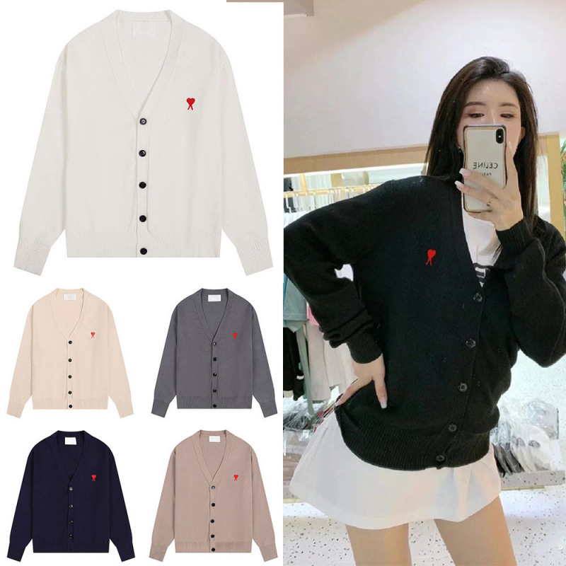 Cross-Border Am* Cardigan Sweater with Large Heart Jacquard, Loose Casual Lazy Style Couple's Knitwear, One-Piece Wholesale