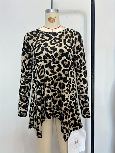 International Trade Cross-Border T-shirt Long Sleeve Loose Casual Crew Neck Leopard Print Knit Elastic Asymmetric Hem Autumn Top