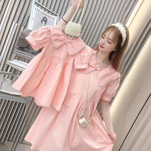 New 2024 Summer Children's Korean Style Cute and Stylish Pearl Solid Color Dress Parent-Child Set Whitening and Elegant Women's Dress