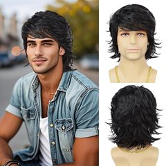 メンズウィッグ黒ショートヘア多層逆反スタイリッシュなウィッグセットメーカー在庫卸売直販かつら
