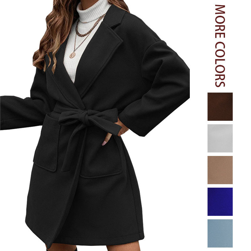 2026 New European and American Style Independent Brand Amazon Autumn and Winter Simple Long-Sleeve Lapel Button Split Waist Belt Coat for Women 2026 New European and American Style Independent Brand Amazon Autumn and Winter Simple Long-Sleeve Lapel Button Split Waist Belt Coat for Women
