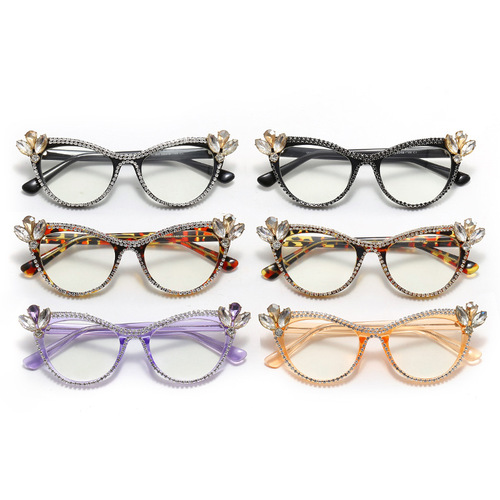 Cat Eye Blue Light Blocking Glasses Frame Cross-border Exclusive Hand-set Diamond Plain Glasses European and American Personality Trend Selfie Decorative Glasses