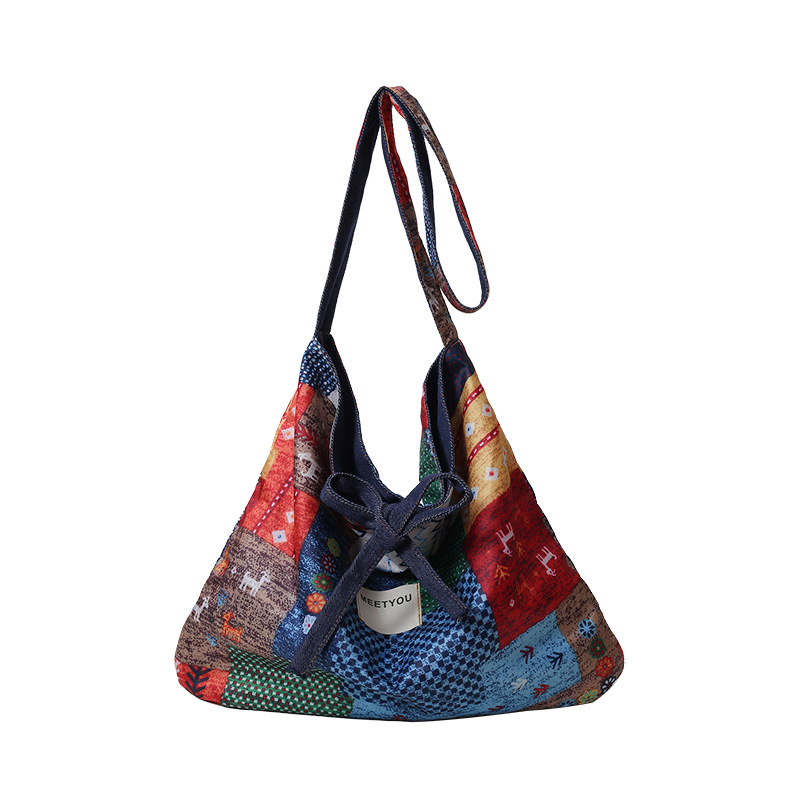 Bolsa de vaqueros de doble cara de gran capacidad, bolsa de hombro de estilo nacional de primavera y verano, bolsa de compras de moda de nicho, bolsa de viento perezosa