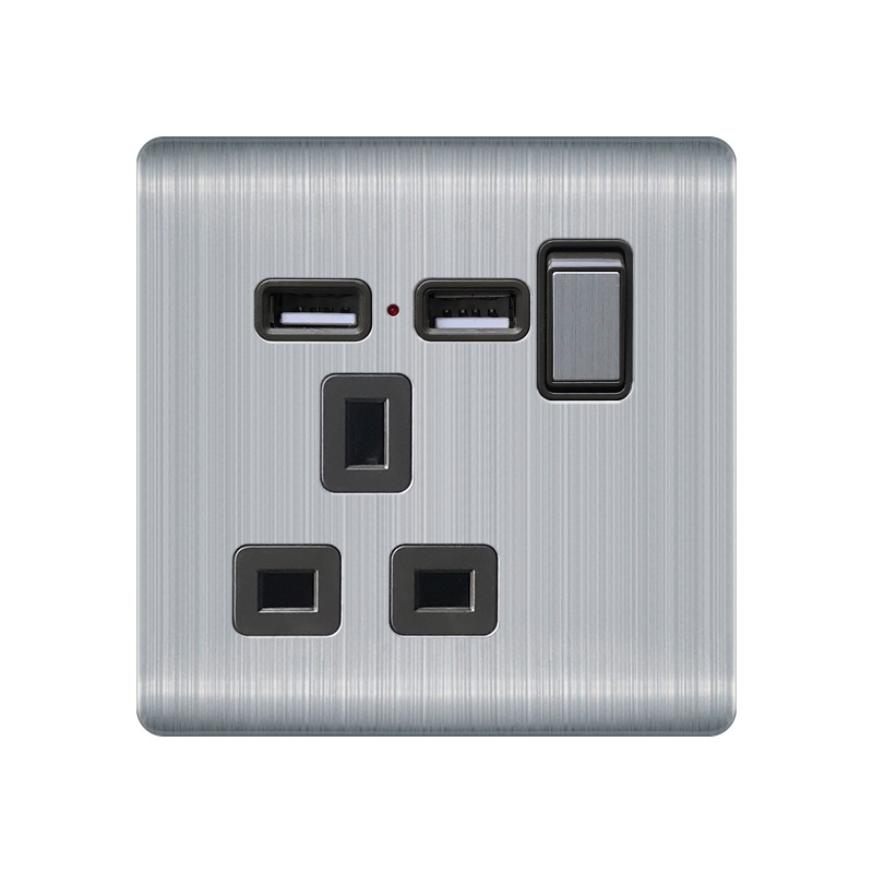 港澳英标外贸插座86型不锈钢暗装13A英式方角多功能双USB开关插座