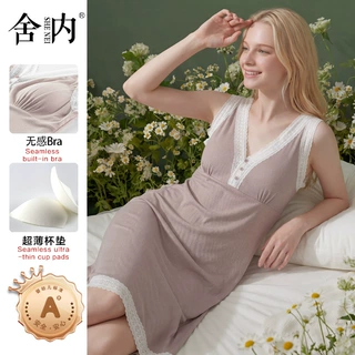 A类母婴级性感带胸垫家居服女款夏季新款纯欲睡衣蕾丝花边睡裙
