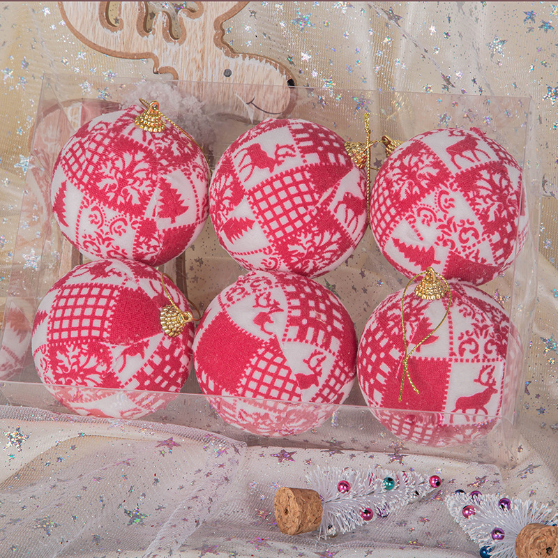 En stock decoraciones de Navidad colgante 8cm 6 piezas copo de nieve ELK estrella de cinco puntas de tela de impresión bola de espuma