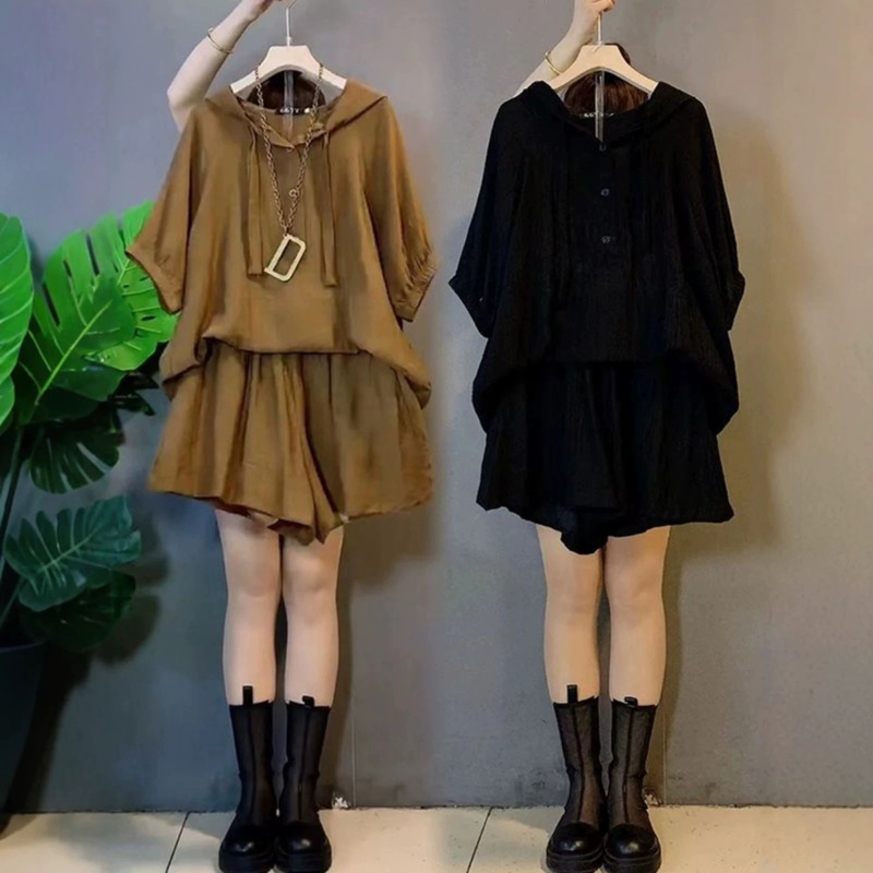 Lazy Style Oversized Suit Women's Fat mm Loose Hooded Short-Sleeved Top Shorts Summer 300 Pounds Two-Piece Set Lazy Style Oversized Suit Women's Fat mm Loose Hooded Short-Sleeved Top Shorts Summer 300 Pounds Two-Piece Set