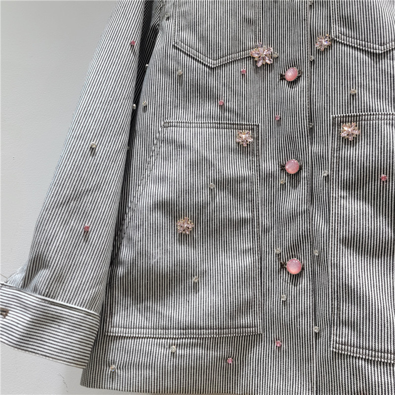 Flores de diamante de rayas chaqueta denim mujer otoño invierno 2025 nuevo estilo coreano suelto chaqueta de textura casual